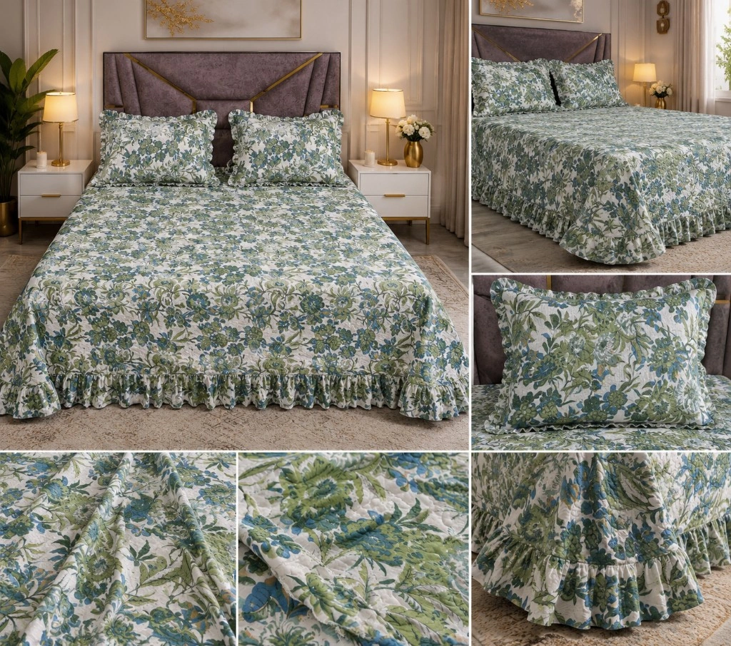 Glace Cotton Quilted Bed Cover with Frills | Floral Print Queen Size 90x100 - Comfort Castle