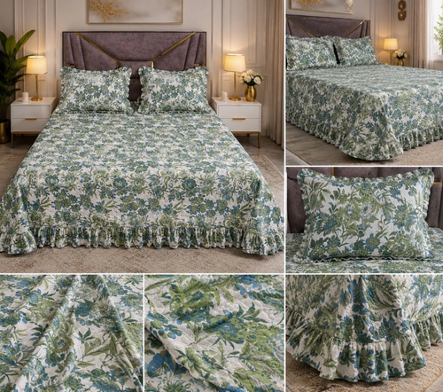 Glace Cotton Quilted Bed Cover with Frills | Floral Print Queen Size 90x100 - Comfort Castle