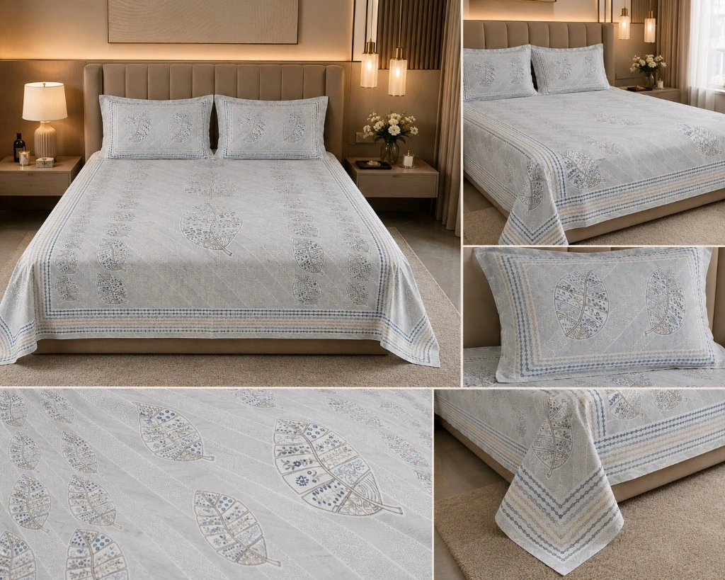 Comfort Castle Premium Pure Cotton Bedsheet | Botanical Leaf Print | King Size 100*108 Inch with 2 Pillow Covers