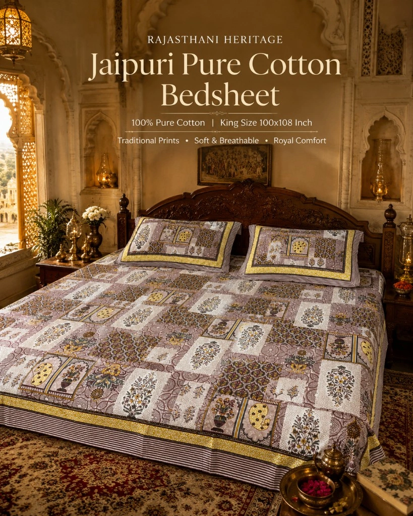 Jaipuri Pure Cotton Bedsheet King Size 100x108 - Comfort Castle