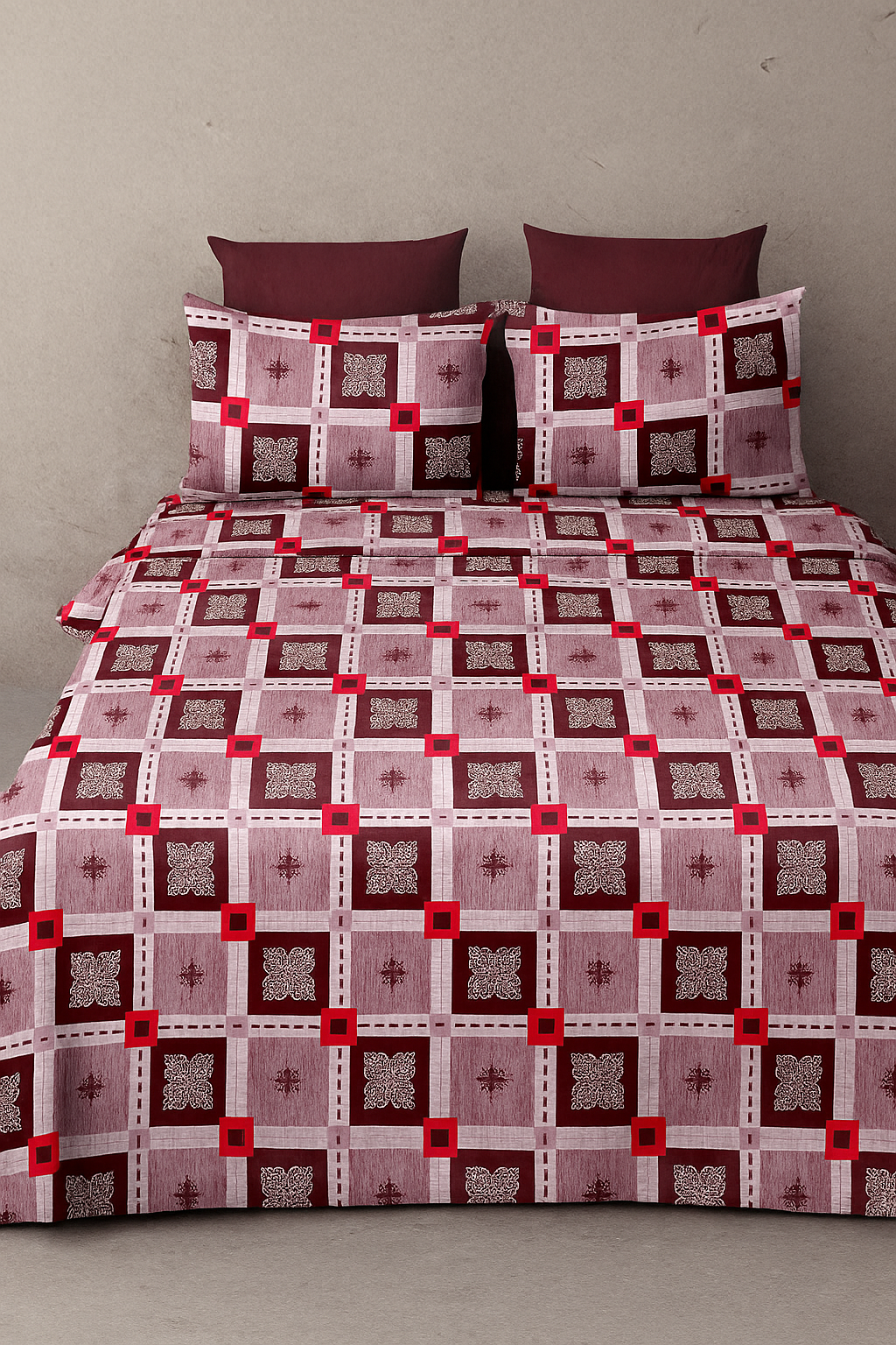 Crimson Grid: Premium Cotton Double Bedsheet Set with Geometric Design