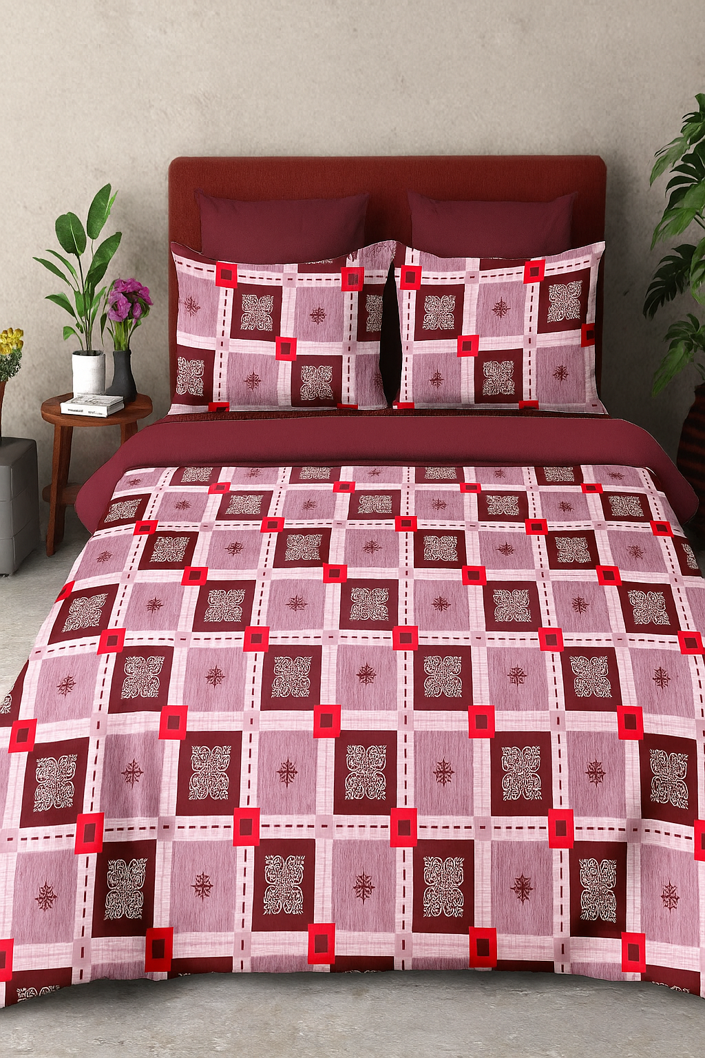Crimson Grid: Premium Cotton Double Bedsheet Set with Geometric Design