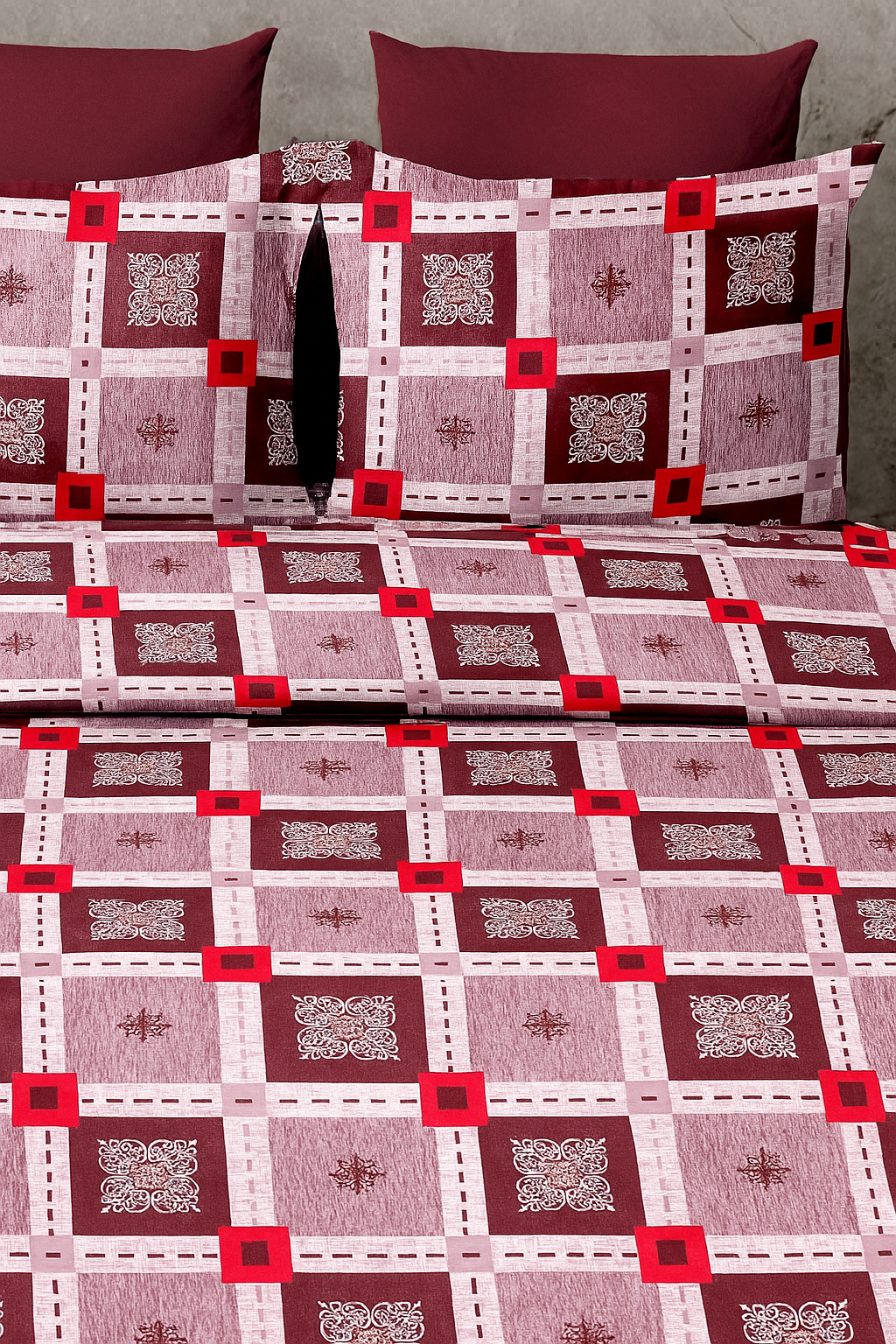 Crimson Grid: Premium Cotton Double Bedsheet Set with Geometric Design