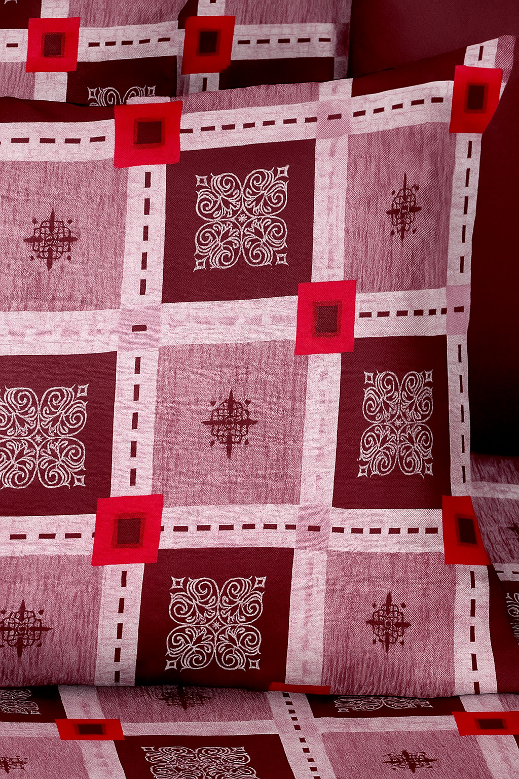 Crimson Grid: Premium Cotton Double Bedsheet Set with Geometric Design