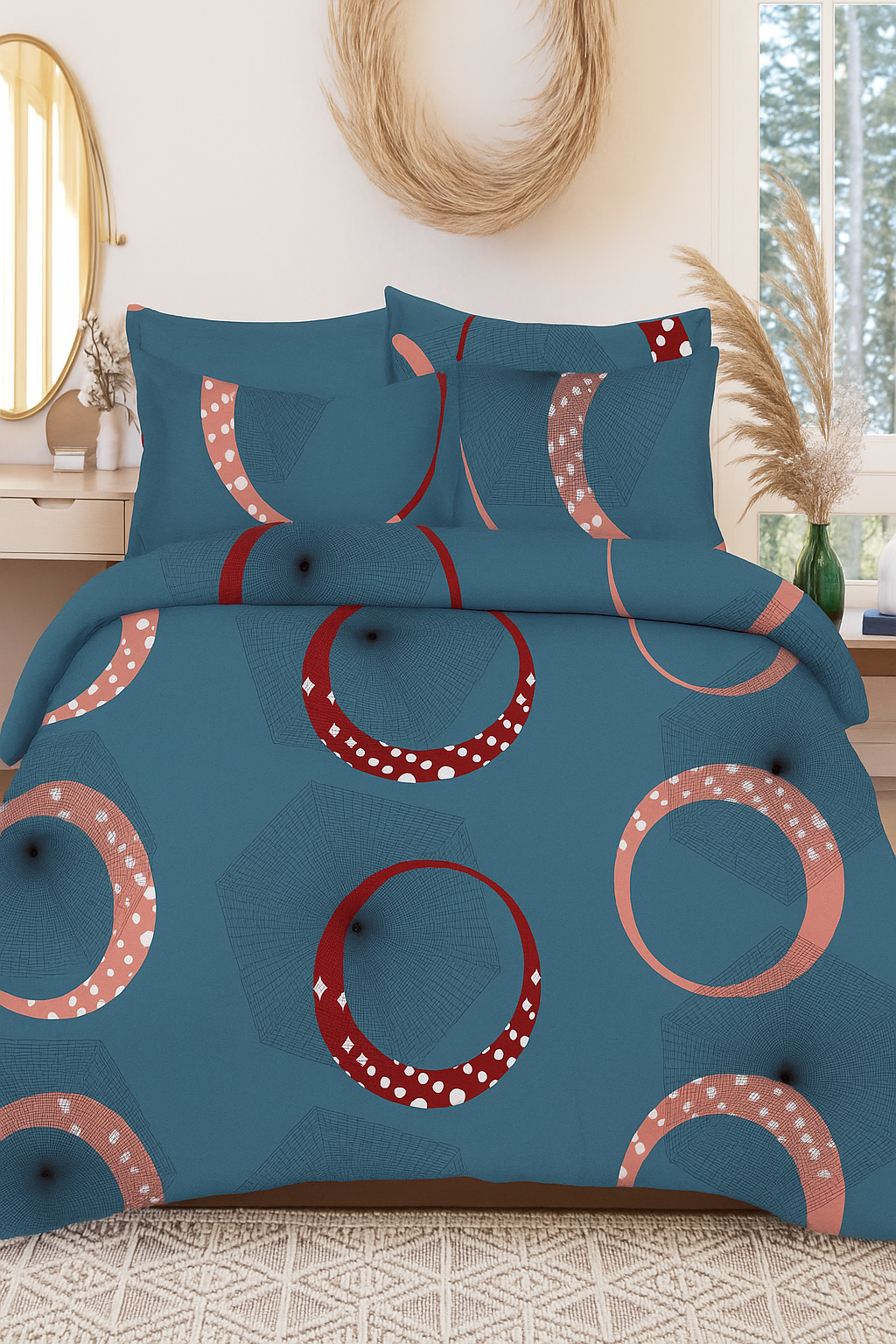 Lunar Vibe: Luxury Cotton Double Bedsheet with Contemporary Ring Pattern