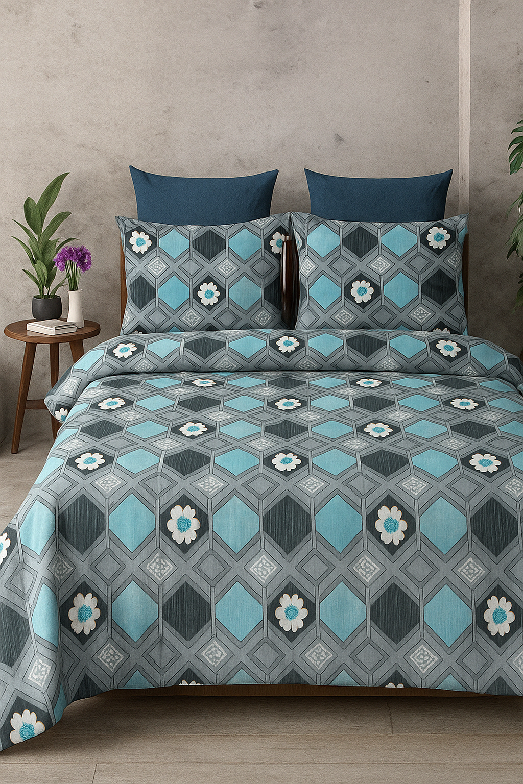 Aqua Bloom: Geometric Elegance Bedsheet Set
