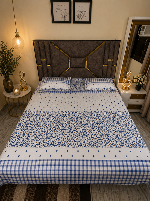 Luxury Blue Blossom Glace Cotton Queen Size Bedsheet