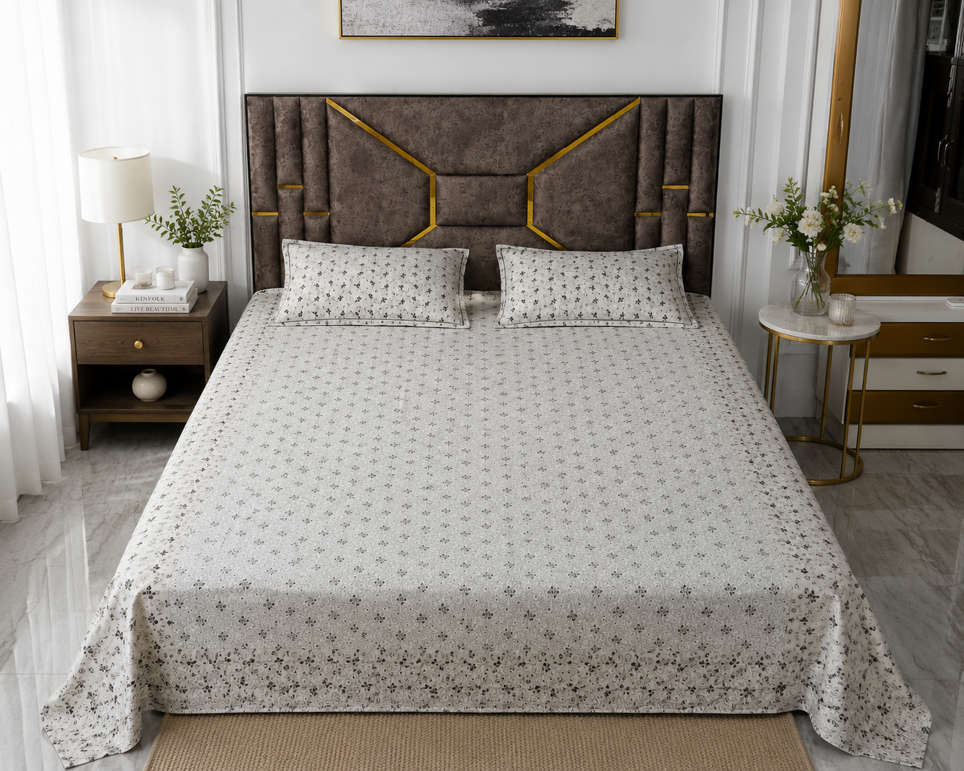 Luxury Snow Bloom Pure Cotton Queen Size Bedsheet