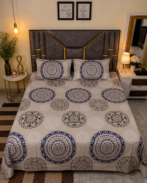 Luxury Royal Mandala Glace Cotton Queen Size Bedsheet
