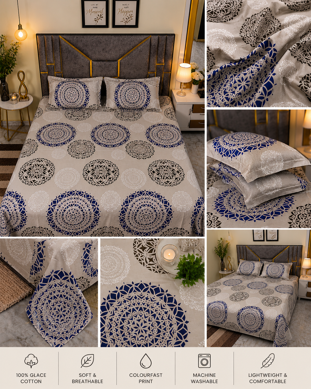 Luxury Royal Mandala Glace Cotton Queen Size Bedsheet