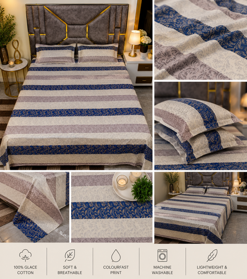 Luxury Royal Stripe Glace Cotton Queen Size Bedsheet