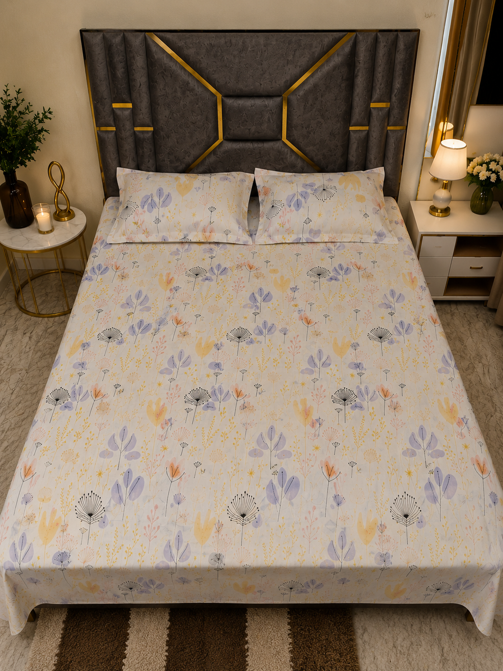 Luxury Blossom Meadow Glace Cotton Queen Size Bedsheet