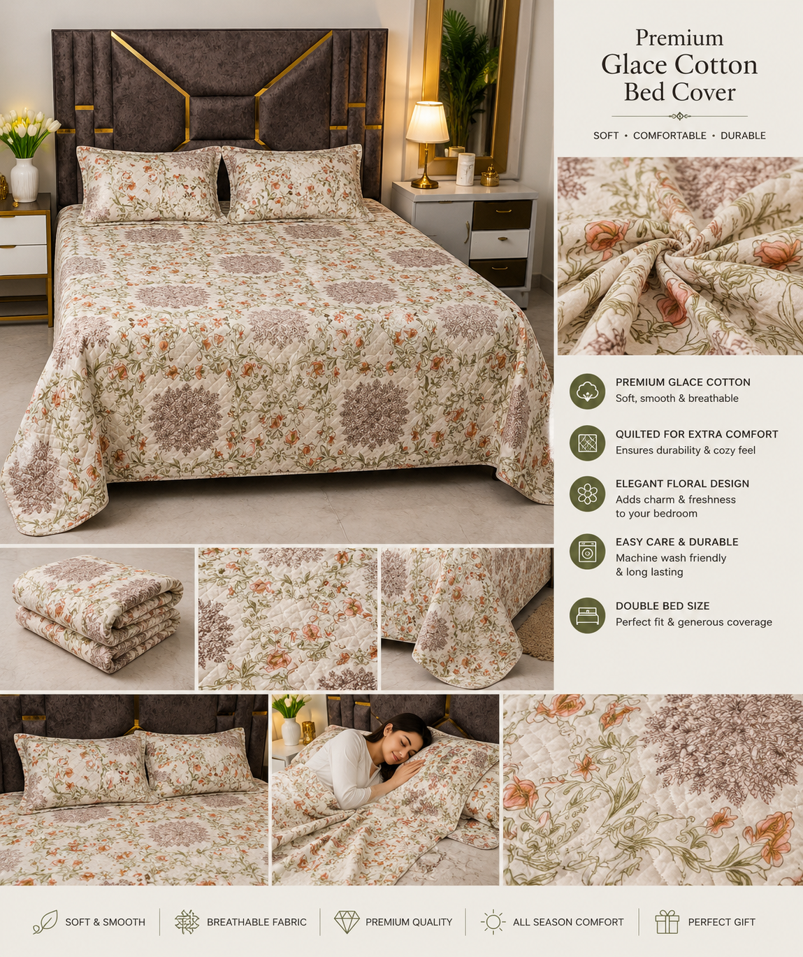 Comfort Castle Vintage Blossom Quilted Bed Cover