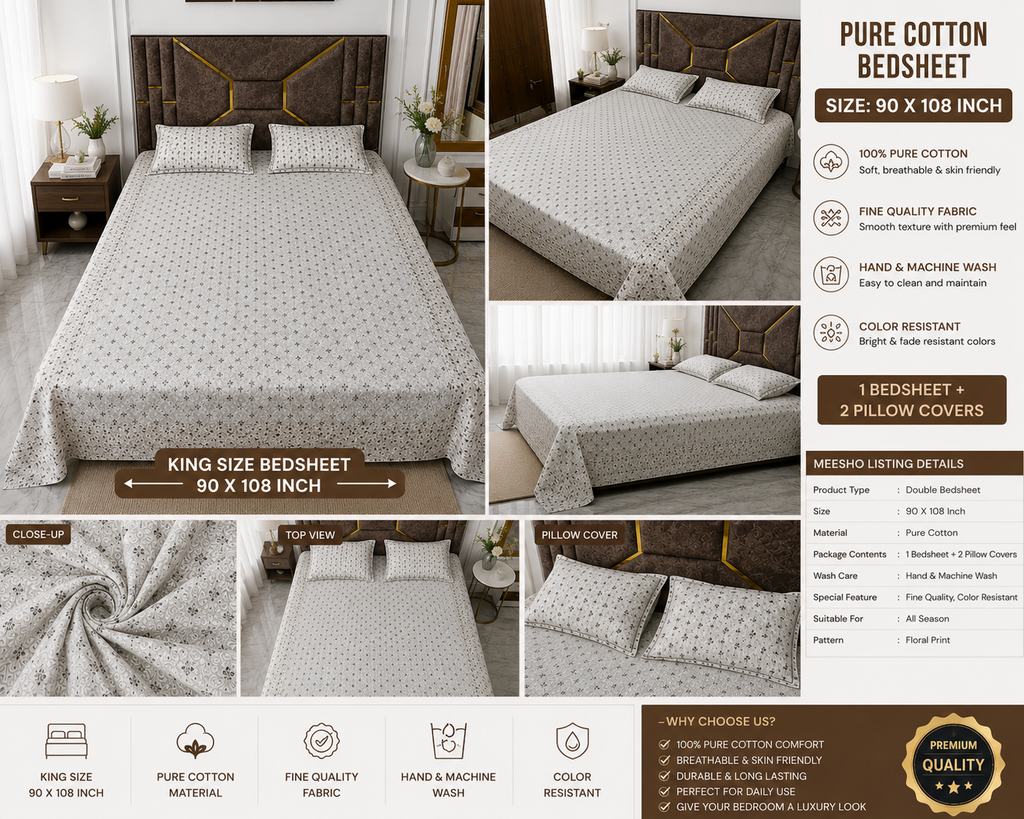 Luxury Snow Bloom Pure Cotton Queen Size Bedsheet