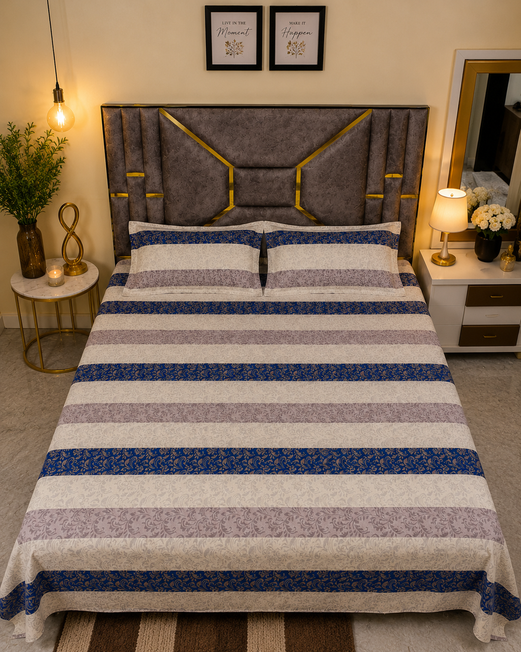 Luxury Royal Stripe Glace Cotton Queen Size Bedsheet