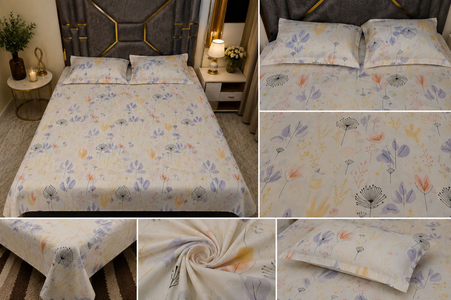 Luxury Blossom Meadow Glace Cotton Queen Size Bedsheet
