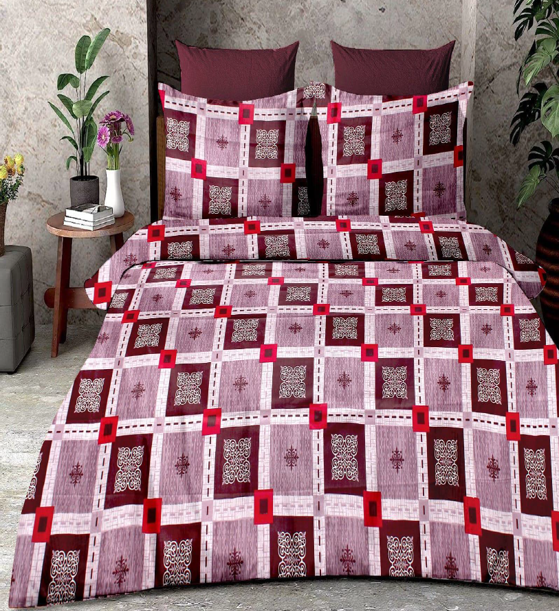 Crimson Grid: Premium Cotton Double Bedsheet Set with Geometric Design