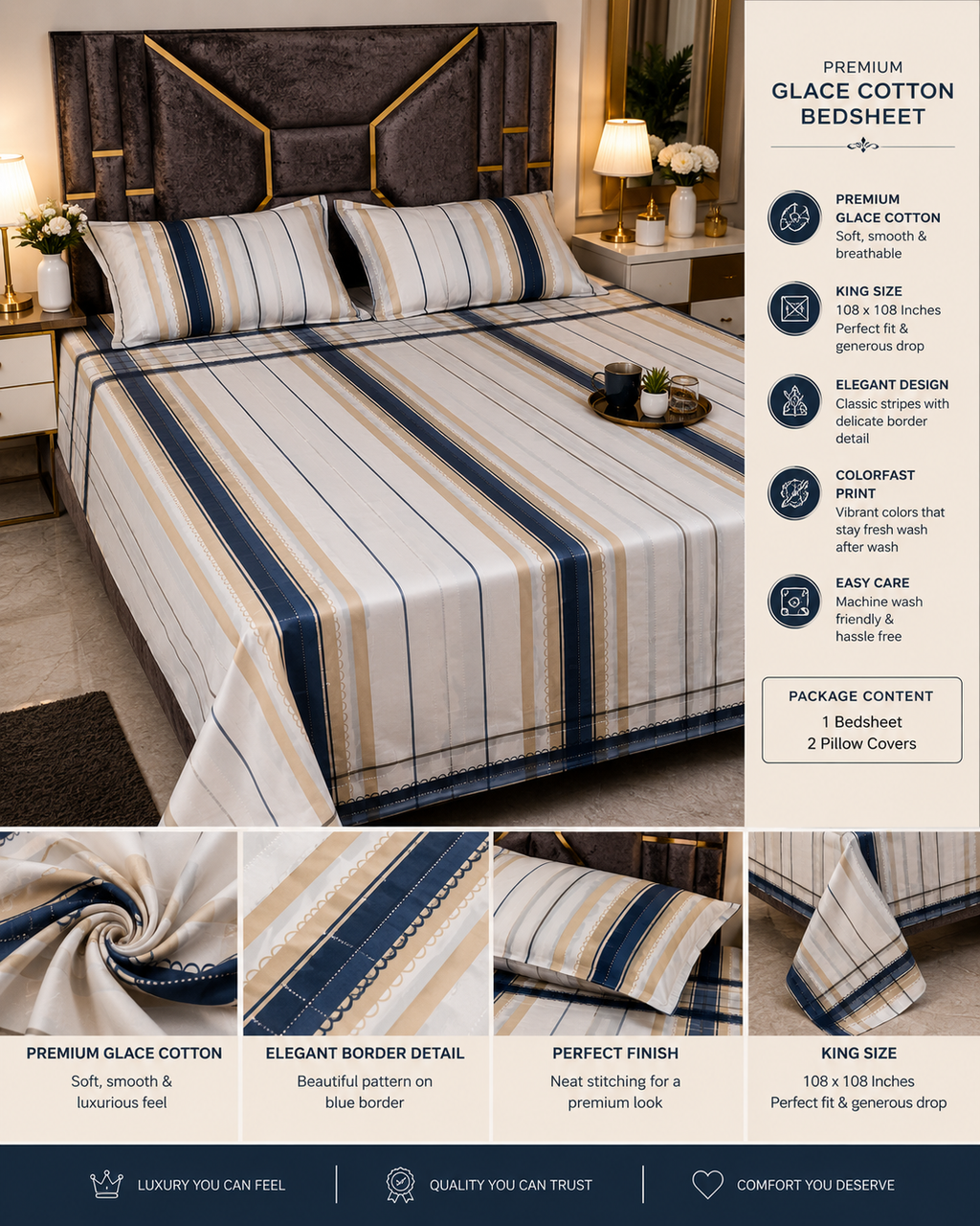 Windsor Stripe Luxury King Size Bedsheet
